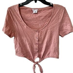 Coopertive pink short sleeved cropped tie front top